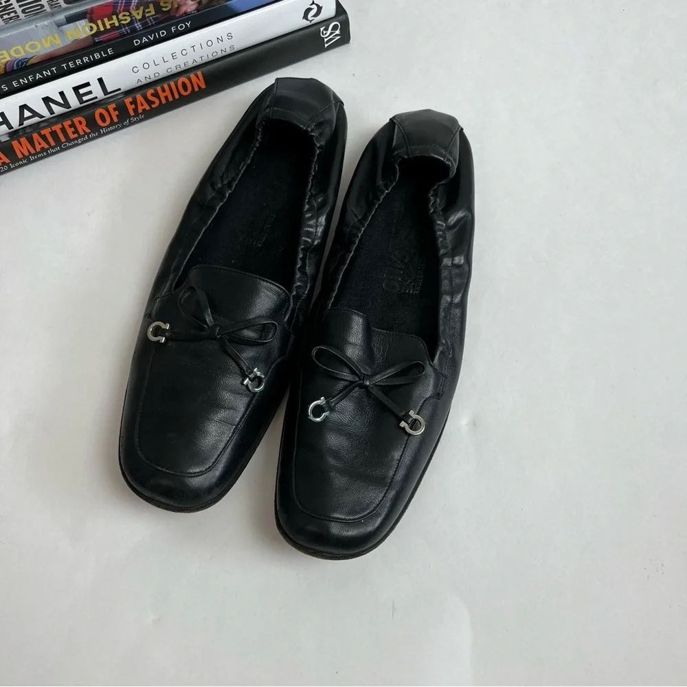 Salvatore Ferragamo Black Leather Bow Driving Loafers Size 7